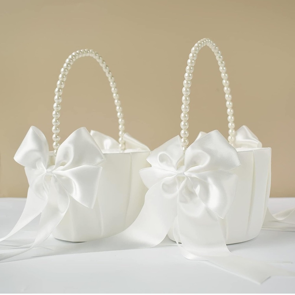 2PCS Flower Girl Baskets, Wedding Baskets with Pearl Handle for Wedding ivory 🆕